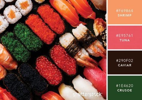 101 Color Combinations to Inspire Your Next Design – Sushi Color Palette Sushi Platte, Sushi Platter, Red Images, Sushi Set, Color Schemes Colour Palettes, Color Palette Design, Colour Board, Complementary Colors, Color Wheel