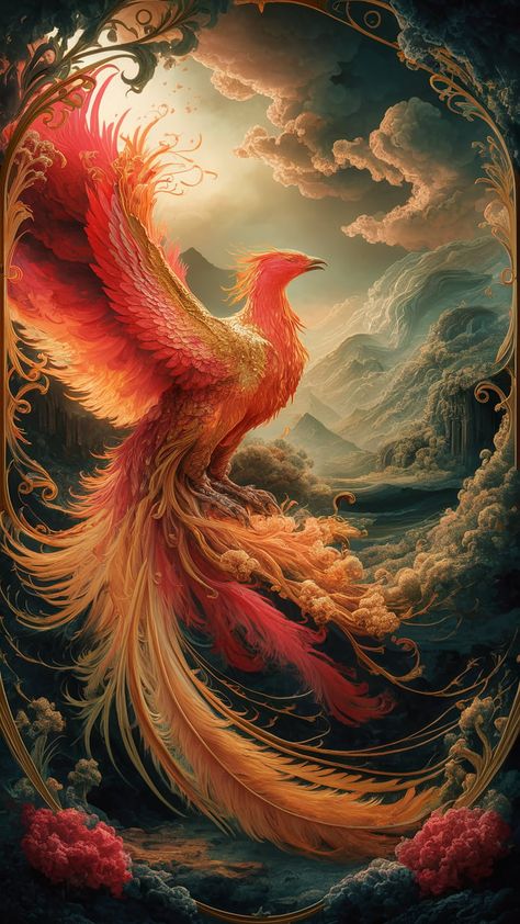 Immerse yourself in the breathtaking beauty of a majestic phoenix rising from the ashes. This vibrant wallpaper features striking red, orange, and gold hues, set against a mystical landscape inspired by Romanticism and Art Nouveau. Experience the dramatic contrasts of Baroque art and the fluid elegance of Impressionism in this transformative scene. Perfect for nature and mythology lovers. #Phoenix #Wallpaper #Art Phoenix Rebirth Art, Phoenix Rise From The Ashes, Phoniex Bird Aesthetic, Orange Gold Aesthetic, Phoenix Core Aesthetic, Phoenix Color Palette, Black Phoenix Art, Pheonix Aestethic Wallpaper, Phoenix Realistic