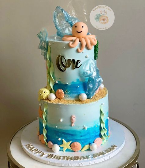 Under The Sea Cake Boy, Underwater Theme Cake, Under The Sea Cake Ideas, Under The Sea Cakes, Under The Sea Theme Cake, Ocean Theme Cake, Ocean Themed Cake, Sea Birthday Party Decorations, Ocean Birthday Cakes