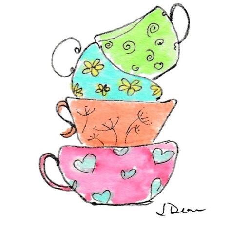 Artcanvasnprints Accents | 8x10" Watercolor Print Coffee Mugs | Color: Blue/Green | Size: 8x10" Easy Whimsical Watercolor, Fun Watercolor Paintings, Whimsical Art Paintings Watercolour, Whimsical Watercolor Art, Kitchen Watercolor Art, Stacked Coffee Cups, Watercolor Kitchen Art, Watercolor Coffee Cup, Whimsical Art Drawings