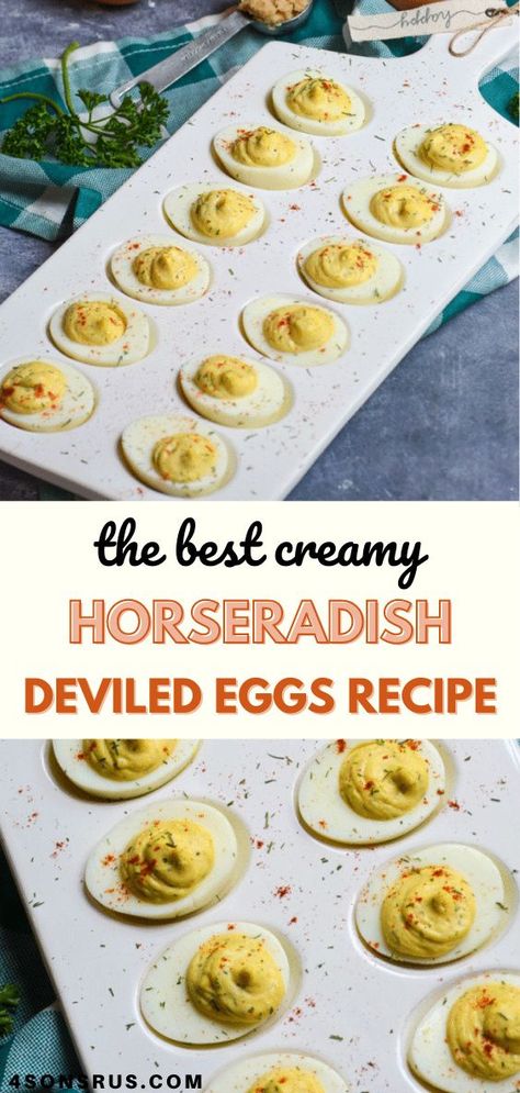 Deviled Eggs Horseradish Recipe, Ways To Use Horseradish, Deviled Eggs With Horseradish Recipe, Deviled Eggs Toppings, Pretty Deviled Eggs, Deviled Eggs Presentation, Deviled Egg Variations, Fall Deviled Eggs, Deviled Eggs Horseradish