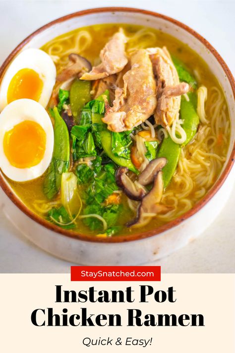 This Easy Instant Pot Chicken Ramen Soup is the best homemade bowl you can whip up with tender chicken thighs, ginger, garlic, soy sauce, and soft boiled eggs. Drizzle it in a spicy chili crisp for more flavor! Instant Pot Ramen Soup, Chicken Ramen Instant Pot, Chicken Thigh Ramen, Instant Pot Ramen Recipes, Chicken Thigh Soup Recipes, Chicken Thigh Soup, Homemade Ramen Soup, Ramen Instant Pot, Chicken Ramen Soup