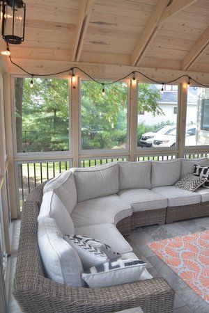 Screened In Porch With Sectional, Cape Cod Screened In Porch, Cozy Screened In Porch Ideas, Screened In Porch With Tv, Screened In Porch Lighting, Wrap Around Deck Ideas, Screened In Back Deck, Simple Screened In Porch, Porch Renovation Ideas