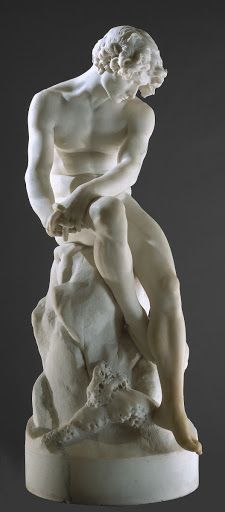 A male nude sat on wave-swept rocks. His hands are supporting his right hand side, his fingers are crossed and his left arm is resting on his right leg. Marble Sculpture, His Hands, Right Hand, Marble, Statue, Sculpture