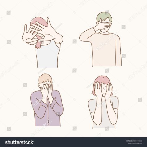 Worried or embarrassed people covering face with hands. Hand drawn style vector design illustrations. #Ad , #AFFILIATE, #covering#face#hands#Worried Hands Covering Eyes Reference, Covering Nose Pose, Hand Covering Face Drawing, Worried Drawing Reference, Face Palm Drawing Reference, Person Covering Face With Hands Drawing, Hand Wiping Face Reference, Covering Mouth With Hand Drawing, Covering Face With Hands Drawing