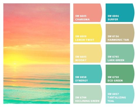 Cheerful, uplifting, and relaxing all at once. Tropical colors of sunrise. Beach Color Palettes, Exterior House Paint Color, Paint Color Combinations, Beach House Colors, Exterior House Paint, House Paint Color Combination, Color Combinations Paint, Exterior House Paint Color Combinations, Color Schemes Colour Palettes