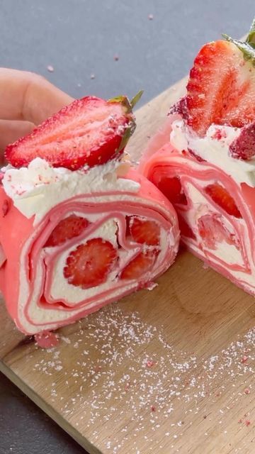 Cake Greatness Everyday 🍰💥🎂😍 on Instagram: "Strawberry crepe roll (aka towel cake)🍓🍓🍓 🎥: @ohcakeswinnie . . . #baking #cakedecorating #cakegoals #bakes #cake #cakeideas #easter #desserts #springdecor #cakestagram #caketrends #strawberries #springtime #reels #cakegram #bakestagram #cakesofinstagram #cakereels #cakeart #cakeporn #cakelover #cakeboss #cakeroll" Crepe Rolls Desserts, Strawberry Crepe Roll, Mini Crepe Cake, Korean Roll Cake, Cake Roll Aesthetic, Crepe Cake Aesthetic, Crepe Roll Cake, Strawberry Crepe Cake, Strawberry Roll Cake