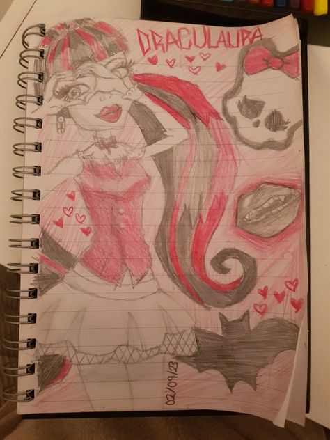 Pink monster high draculaura art page in my sketchbook Monster High Sketchbook, Pink Sketchbook Page, Monster High Drawings Sketches, Draculaura Drawing, Monster High Drawings, Pink Monster High, Draculaura Art, Notebook Drawings, High Drawings