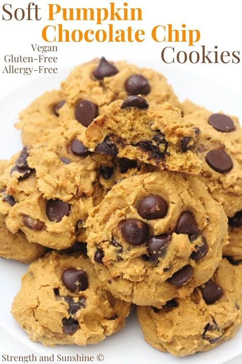 Soft Vegan Pumpkin Chocolate Chip Cookies (Gluten-Free, Allergy-Free) | Strength and Sunshine | These Vegan Pumpkin Chocolate Chip Cookies are super soft, loaded with pumpkin, and dairy-free dark chocolate chips! These healthy, gluten-free, and allergy-free pumpkin cookies are so easy to make, subtly sweet and flavored with cozy pumpkin spice! These cake-like cookies only take 10 minutes to bake and will be a favorite all season long! Vegan Pumpkin Chocolate Chip Cookies, Gluten Free Pumpkin Cookies, Vegan Pumpkin Cookies, Slow Cooker Apple Butter, Dairy Free Pumpkin, Gluten Free Cookie, Dairy Free Cookies, Slow Cooker Apples, Gluten Free Cookie Recipes