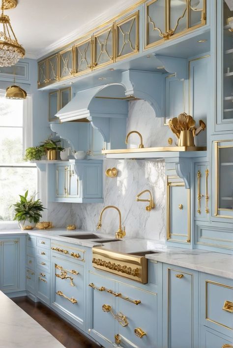 1. Light Blue Kitchen Cabinets
2. Gold Hardware
3. Dream Kitchen Inspiration
4. Kitchen Design Trends Bridgerton Apartment, Kitchen Cabinets With Gold Hardware, Retro Kitchen Ideas Vintage, Light Blue Kitchen Cabinets, Cabinets With Gold Hardware, Victorian House Kitchen, Simple Modern Kitchen, Vintage Kitchen Design, New Modern Kitchen