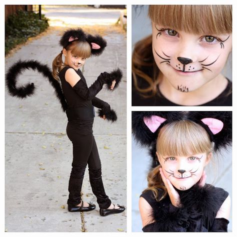 cat costume girls kitty halloween homemade easy How To Paint A Cat Face For Halloween, Black Cat Kids Costume, Cat Costume Face Paint, Kids Cat Face Makeup, Kids Cat Face Paint, Halloween Cat Face Paint, Cat Halloween Costume For Kids, Simple Cat Face Paint, Black Cat Costume For Kids