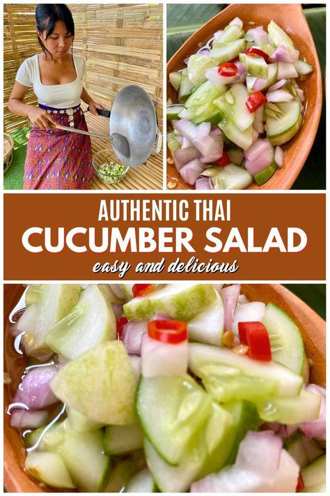 Authentic Thai cucumber salad with vinegar. Thai Cucumber Salad Recipe, Thai Side Dishes, Thai Cucumber, Thai Salad Recipes, Healthy Thai Recipes, Thai Cucumber Salad, Salad Dressing Recipes Healthy, Cucumber Salad Recipe, Thai Salads