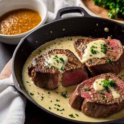 Grandma’s favorite recipes � | Filet Mignon with Creamy Parmesan Mustard Sauce 🥩 | Facebook Peppercorn Sauce For Steak, Seared Filet Mignon, Bavette Steak, Gourmet Steak, Refreshing Recipes, Filet Mignon Recipes, Mignon Steak, Filet Mignon Steak, Creamy Mustard Sauce