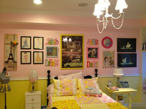 A Sweet Pink and Yellow Girl's Room - Gallery Wall Bedroom Black Bed Frame, Pink And Yellow Bedroom Ideas, Bedroom Black Bed, Yellow Bedroom Aesthetic, Pink And Yellow Bedroom, Yellow Girls Room, Yellow Girls Bedroom, Yellow Bedroom Ideas, Bedroom Aesthetic Cozy