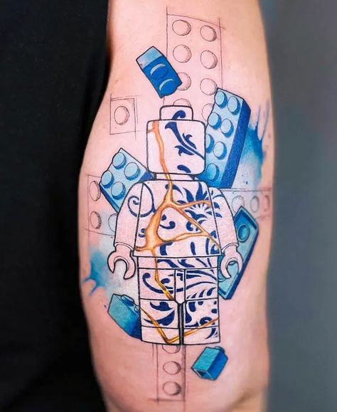 Lego Man Tattoo, Lego Tattoo Ideas, Kintsugi Tattoo Ideas, Lego Couple, Kintsugi Tattoo, Lego Tattoo, 20 Tattoo, Couple Tattoo Ideas, Tattoos Creative