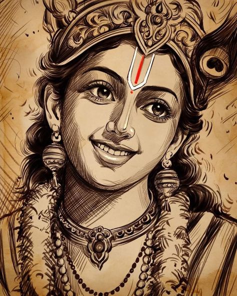 Art Sketches Krishna, Cute Krishna Sketch, Potraits Pics Drawing, Telugu Project Cover Page Design, Hindu God Sketch, Shri Krishna Sketch, Krishna Lines, Kali Painting, Lord Krishna Sketch