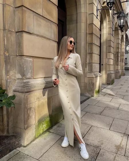 Beige Dress Outfit, Long Sweater Dresses, Button Dress Outfit, Long Button Down Dress, Beige Knit Dress, Knitted Dress Outfit, Buttoned Dress, Long Sweater Dress, Sweater Dresses