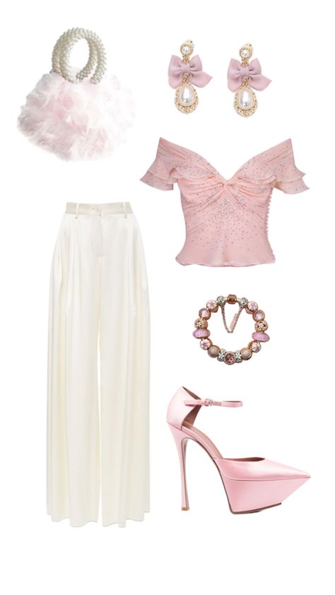 Susanna Chow pink pearl feather bag, Amina Maudi pink platform heels, white silk pants, Pandora bracelet and cute earrings Amina Maudi, White Silk Pants, Pink Platform Heels, Pink Platform, Heels White, Pink Platforms, Silk Pants, Cute Outfit, Pink Pearl