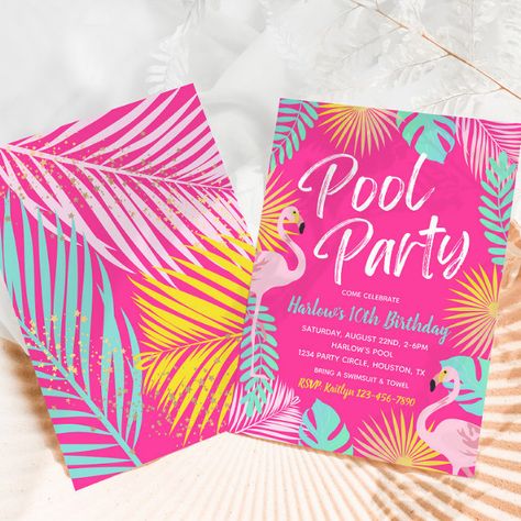 Flamingo Pool Party, Birthday Party Theme Ideas, Tropical Birthday Invitations, Flamingo Invitation, Flamingo Pool Parties, 8 Pool, Pool Party Birthday Invitations, Flamingo Pool, Girls Birthday Party Themes