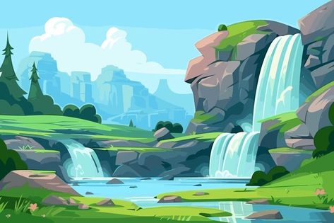 Waterfall Illustration Vector, Lagoon Illustration, Cartoon Waterfall, Vector Landscape Illustration, Waterfall Illustration, Land Resources, Water Cascade, Landscape Waterfall, Water Environment