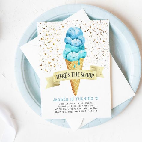 Here's the Scoop Boy Ice Cream Birthday Party Invitation - Kids Birthday Twin Sprinkle Shower Ideas, 2nd Baby Shower Theme, Twin Shower Themes, Twin Boy Baby Shower Themes, Baby Shower Themes Twins, Two Scoops Are Better Than One Twins, Twin Boys Baby Shower Ideas, Twin Theme Baby Shower Ideas, Twin Boy Baby Shower Ideas