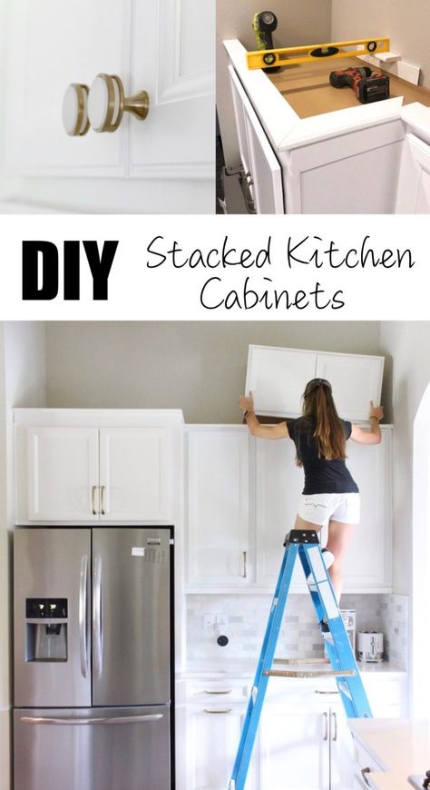 DIY Stacked Kitchen Cabinets - Frills and Drills Kitchen Cabinets Trim, Kitchen Cabinets To Ceiling, Kitchen Cabinets Upgrade, Cabinets To Ceiling, Top Of Kitchen Cabinets, Top Kitchen Cabinets, Builder Grade Kitchen, Cabinet Trim, Upper Kitchen Cabinets