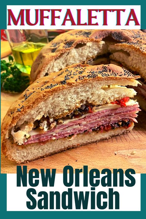 The New Orleans speciality - just in time for Mardi Gras! A hearty sandwich for a crowd. #bestmuffalettasandwich #bestsandwiches #easysandwichesforacrowd #neworleansmuffalettasandwich #Muffalettaitaliansandwich #Mardigrassandwiches #easymuffalettasandwichforfamily #bestmuffalettasandwichforcompany #Italiancoldcutsandcheesesandwich #NewOrleanssandwiches #Authenticmuffalettasandwichforparties #Muffalettasandwichforholidays #homemademuffalettabread #bestItalianamericansandwiches #muffalettabread Muffaletta Sandwich Recipe, Sandwich For A Crowd, Muffaletta Recipe, American Sandwich, Muffaletta Sandwich, Muffuletta Sandwich, Big Sandwich, New Orleans Recipes, Bread Rolls Recipe