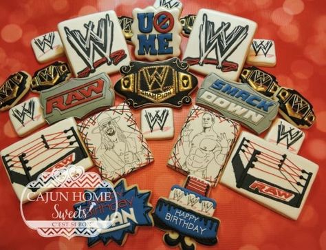 Wwe Cookies Wrestling, Wrestling Cookies Decorated, Wwe Cookies, Wrestling Cookies, Wrestling Birthday Cakes, Wwe Birthday Party Ideas, Wrestling Birthday, Wwe Birthday Party, Swag Party