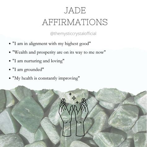 Jade Crystal Affirmation, Xiuyan Jade Crystal Meaning, Jade Affirmation, Jade Crystal Meaning, Crystal Chart, Crystal Affirmations, Green Jade Crystal, Jade Meaning, Witchcraft Spells For Beginners