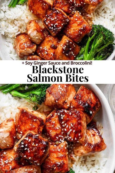 Blackstone Salmon Bites - Delicious and Easy Blackstone Salmon Bites are the perfect weeknight dinner idea! Packed with flavor and ready in 30 minutes! #blackstonesalmonbites #salmonbitesonblackstone #blackstonesalmon #blackstonesalmonrecipes Fish Recipes On Blackstone, Black Stone Salmon Recipes, Salmon Recipes Blackstone, What Goes Good With Salmon, Blackstone Salmon Recipes, Easy Blackstone Dinner Ideas, Salmon On The Blackstone, Blackstone Fish, Blackstone Dinner Ideas