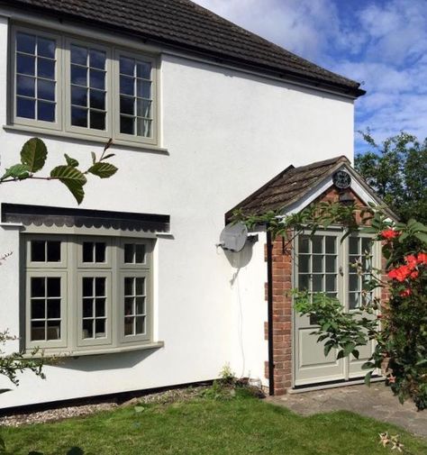 Pebbledash House, Painted Pebbledash, White Cottage Exterior Uk, Red Brick Grey Windows, Rendered Cottage Exterior Uk, Upvc Sash Windows Cottage, Front Door Single Window Uk, Cottage Hallway, Rendered Houses