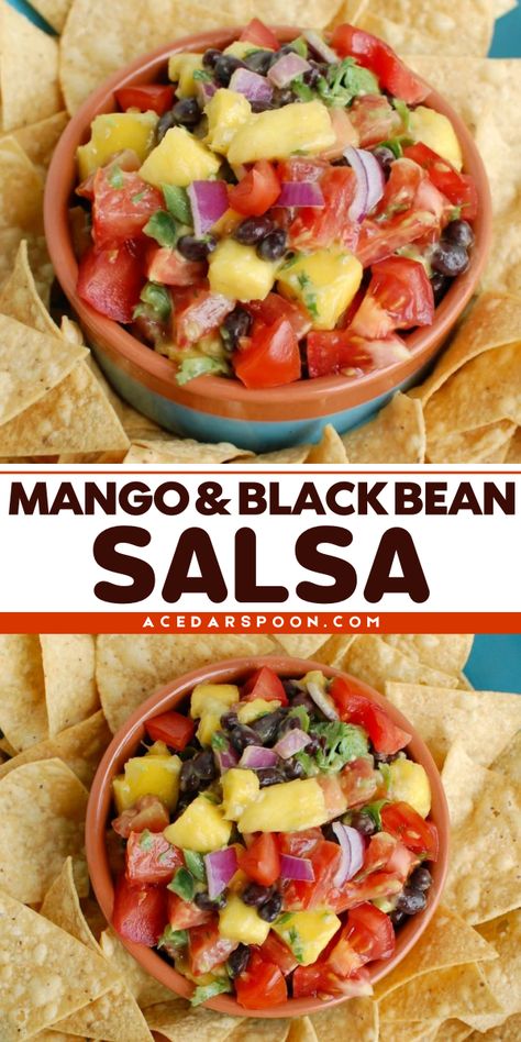 Make your Labor Day party a hit with easy, yummy appetizers! It's vegan, healthy, and quick to prepare. This mango-black bean salsa recipe is the perfect blend of sweet and savory, sure to impress your guests. Pin this mango and black bean salsa recipe for later! Black Bean Salsa No Corn, Mango Black Bean Salsa, Black Bean And Corn Salsa, Black Bean Avacado And Corn Salsa, Bean Salsa Recipe, Black Bean Salsa Recipe, Black Bean Corn Salsa, Healthy Munchies, Bean Salsa