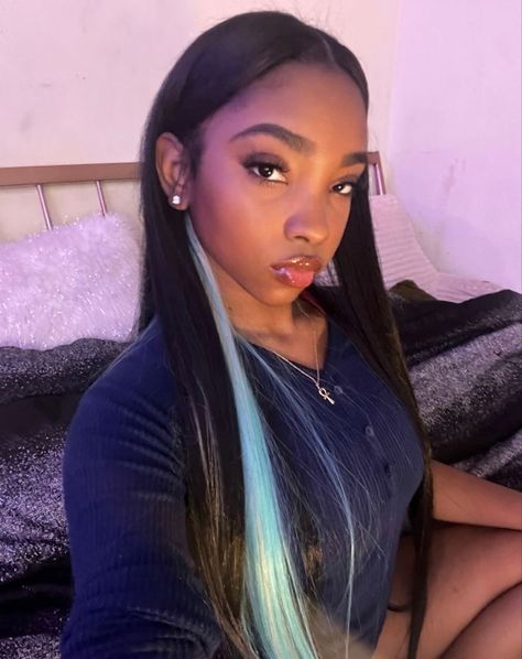 Blue Peekaboo Sew In, Blue Streaks In Black Hair Black Women, Peek A Boo Wigs For Black Women, Sew In Hairstyles Peek A Boo, Peekaboo Leave Out, Blue And Black Quick Weave, Peekaboo Fall Hair Color, Black And Blue Sew In, Sew In With Blue Highlights