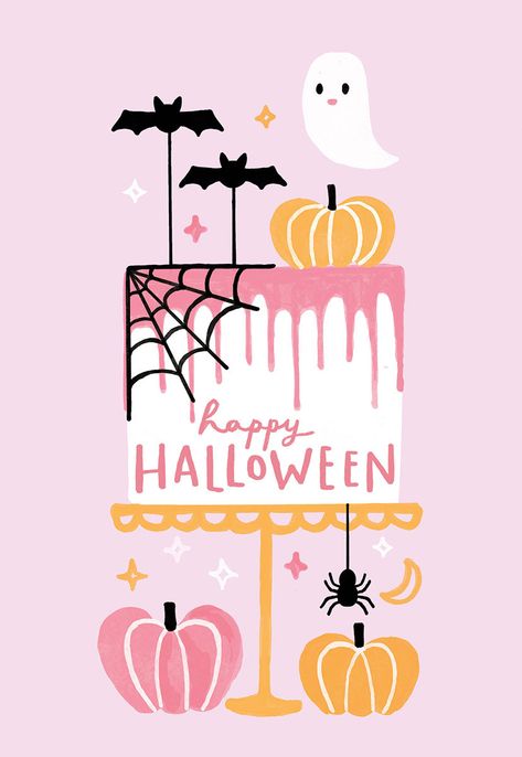 Halloween Cake Decorated with Bats and Pumpkins Card Halloween Word Art, Cute Halloween Graphics, Spooky Invitations, Halloween Birthday Card, Glitter Christmas Cards, Fall Widgets, Ghost With Pumpkin, Valentine Notes, Halloween Cake Decorating