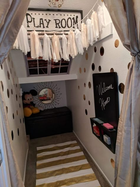 Game Room Under Stairs, Under Stairs Play Area Small Spaces, Cubby Under The Stairs, Play Under Stairs, Toy Room Under The Stairs, Play Space Under Stairs, Basement Under Stairs Ideas Play Areas, Closet Under Stairs Ideas For Kids, Understairs Play House