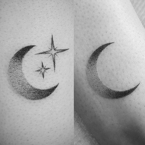 Dotwork cresent moons by lydiaohlydia at Man's Ruin tattoo Hummingbird And Stars Tattoo, Stippled Moon Tattoo, Moon With 3 Stars Tattoo, Creasant Moon Tattoos, Star Dotwork Tattoo, Half A Moon Tattoo, Moon And Stars Tattoo Men, Shaded Crescent Moon Tattoo, Dot Work Moon Tattoo