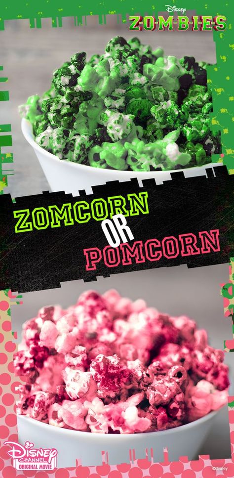 Would you rather pop a little ZOMCORN or POMCORN? Check out these recipes for a totally Zombified ZOMBIES party! Raven's Home, Zombie Food, Cheerleader Birthday, Zombie Cake, Zombie Birthday Parties, Disney Zombies, Zombie Birthday, Andi Mack, Girl Bday Party