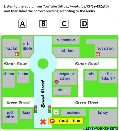 Asking And Giving Directions Worksheet, Giving Directions Worksheet, Directions Worksheet, Asking For Directions, Restaurant Station, Cinema Theatre, Green Street, Bond Street, Bus Station