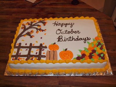 October Cake, Fall Cakes Decorating, Fall Birthday Cakes, Halloween Torte, Pasteles Halloween, Sheet Cake Designs, Halloween Cake Decorating, Billy B, Birthday Sheet Cakes