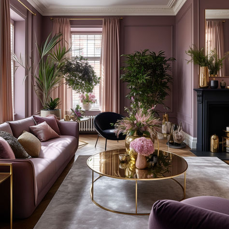 11 Stunning Mauve Decor Ideas You'll Want in Your Home Mauve And Blue Living Room, Dark Mauve Living Room, Mauve Color Drenched Room, Mauve Walls Living Room, Dusty Plum Paint Color, Mauve Home Office, Mauve Living Room Walls, Mauve Rooms, Mauve Living Room Ideas