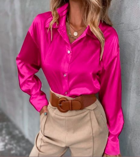 Pink Blouses Outfit, Blouse Outfit Work, Satin Shirt Outfit, Silk Blouse Outfit, Pink Shirt Outfit, Hot Pink Blouses, Hot Pink Shirt, Satin Shirts, Satin Bluse