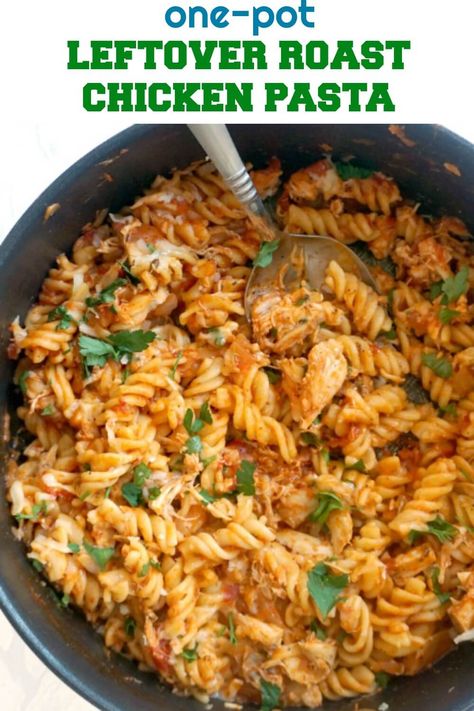 One-Pot Leftover Roast Chicken Pasta, a quick and easy chicken dinner recipe for the whole family. Transform your leftovers into a spectacular dish that will have everybody asking for seconds. This leftover chicken pasta can be also made with rotisserie chicken, it takes just as little time to get it ready. It's a favourite psta recipe for kids too, and even babies or toddlers can enjoy it. Healthy, filling, delicious, a great dinner recipe. #leftoverchickenpasta, #pastarecipes, #dinnerideas Leftover Rotisserie Chicken Pasta Recipes, Roast Chicken Recipes Leftover, Leftover Chicken And Pasta Recipes, Recipes For Rotisserie Chicken Leftovers, Leftover Cooked Chicken Recipes, Roast Chicken Leftovers Recipes, Leftover Chicken Recipes Easy Quick, Roasted Chicken Leftover Recipes, Leftover Roast Chicken Recipes