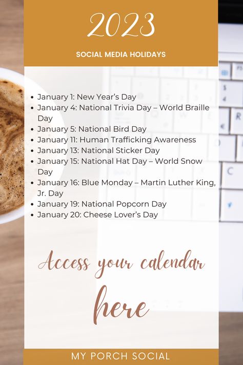 Grab this complete guide to social media holidays in 2023! Social Media Holidays, 2023 Social Media, Human Trafficking Awareness, Hat Day, Lovers Day, New Years Day, Martin Luther King, Free Guide, Social Media Content