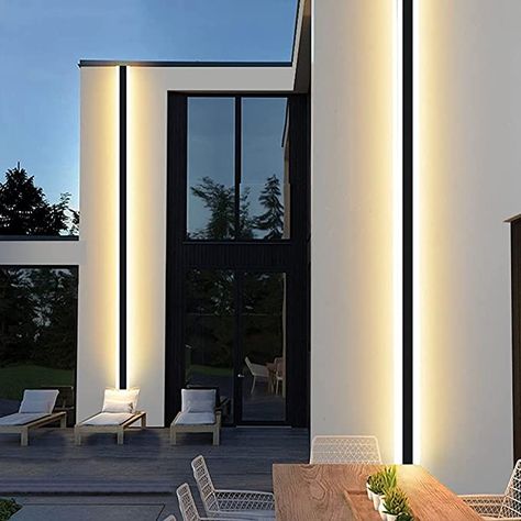 Outdoor Long Strip Modern LED Wall Lighting Fixture Lamps, Elegant Frosted White Acrylic, Black Aluminum Body IP65 Waterproof Anti Rust (Cold White, 60inch) - - AmazonSmile Outdoor House Lighting, Dream Country, Light Temperature, House Facades, Long Walls, Side Design, Patio Interior, Lighting Setups, Pool Side