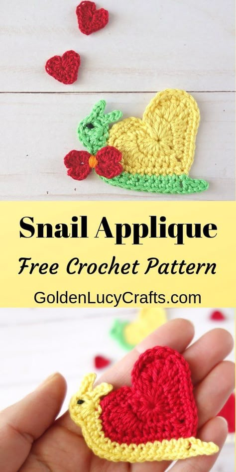 This pattern is for a cute crochet Snail applique with a shell made from a heart! Free crochet pattern, heart-shaped applique, motif, easy, crafts, crocheting, Valentine’s Day, #snail, #crochetsnail, #crochetpattern, #crochetpatternfree, #crochetapplique, #valentinesday Applique Patterns Crochet, Valentines Crochet Ideas, Snail Applique, Crochet Heart Applique, Hearts Crochet, Crochet Snail, Crochet Valentine Patterns, Crochet Beginners, Crochet Applique Patterns Free