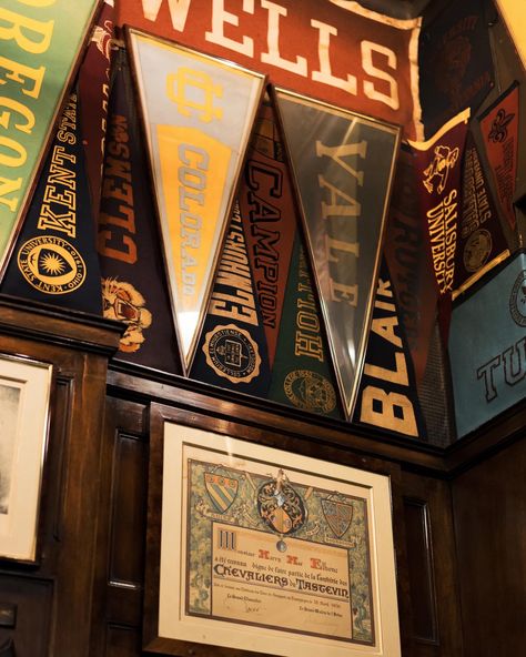 Ivy League Aesthetic, Vintage Sports Decor, Sports Bar Decor, Nautical Bar, College Pennants, Kent Ohio, Rowing Blazers, House Bathrooms, Basement Family Room