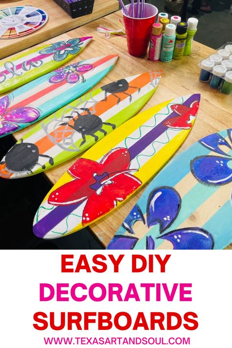 I'm Heidi Easley and I teach women how to make money teaching paint parties. These mini decorative surfboards are a hit for summer! Kids love these because they can personalize them and hang them in their room. Learn how to paint these and where you can purchase them! Making A Surfboard, Hawaiian Week Summer Camp, Summer Art Ideas For Kids Classroom, Beach Week Crafts, Hawaiian Luau Crafts For Kids, Luau Crafts For Kids Activities, Hawaii School Project Ideas, How To Make A Surfboard Decoration, Kids Summer Arts And Crafts