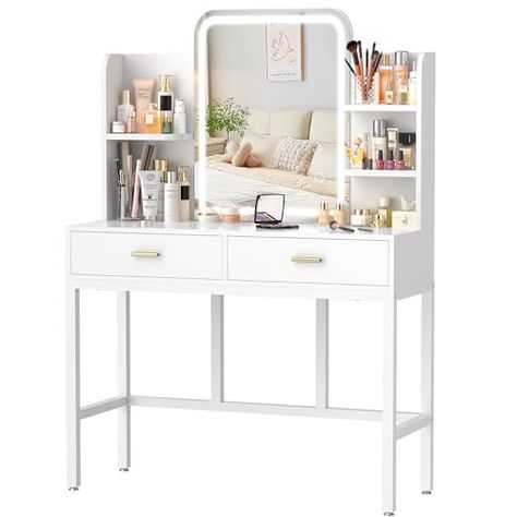 Vanity Desk, Makeup Vanity Desk with Mirrors, Vanity Set with 2 Storage Drawers and Open Shelves, 3 Colors LED Brightness Adjustable Dressing Table, Makeup Desk for Girls and Women, White Desk For Girls, Desk Makeup Vanity, Vanity Set Up, Mirrors Vanity, Desk Makeup, Makeup Vanity Desk, Table Makeup, Girl Desk, Mirrored Vanity Desk