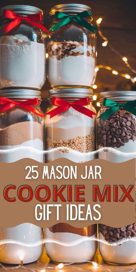 Five mason jars filled with layered cookie mix ingredients are adorned with red and green ribbons. Text reads "25 Mason Jar Cookie Mix Gift Ideas." Warm, festive ambiance. Cookie Jar Gift Ideas, Mix In A Jar Recipes, Mason Jar Cookie Mix Recipe, Cookie Mix In A Jar Recipe, Cookie Jar Gift, Mason Jar Snacks, Mason Jar Cookie Recipes, Mason Jar Gifts Recipes, In A Jar Recipes