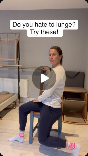 Charlotte / Pilates Instructor on Instagram: "📌save this easy tip to transform your lunge! Love them or hate them lunges are a brilliant exercise to build strength in your legs, hips and core…..so start doing them! Use the chair, then take away the chair then add some weights! Simple, all it takes is some practice. These is just a little of what we do in my new online program, Pilates for Menopause Wellness. A simple program to take at home in your own time. 9 quick 20min classes! #pilatesformenopause #kneerehab #hiprehab #lovetolunge" Exercise With Chair, Chair Leg Exercises, Banana Rolls Fat Exercise, Chair Pilates Exercises, Leg Exercises At Home, Chair Pilates, Arm And Leg Workout, Exercise Pilates, Pilates Chair